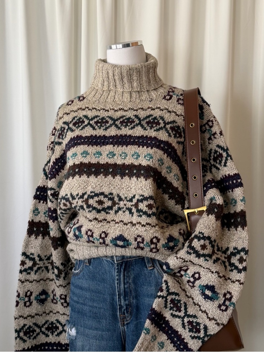Vintage 1980’s POLO Ralph Lauren Hand knit Fair Isle turtleneck sweater large - Picture 9 of 13